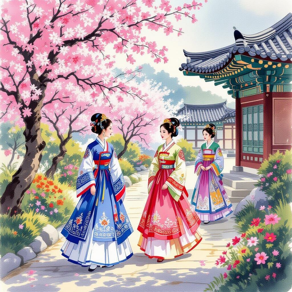 Korean Ladies in Hanbok in Royal Garden, Folk Art Style