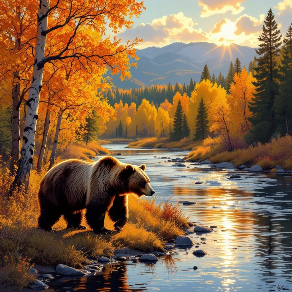 Grizzly Bear by Yellowstone River in Fall Colors