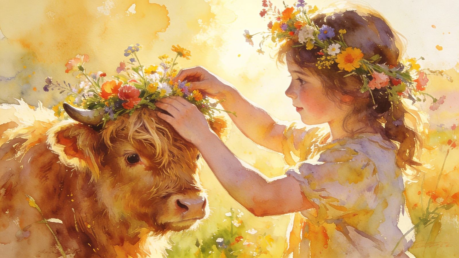 Girl Crowns Adorable Baby Highland Cow with Wildflowers