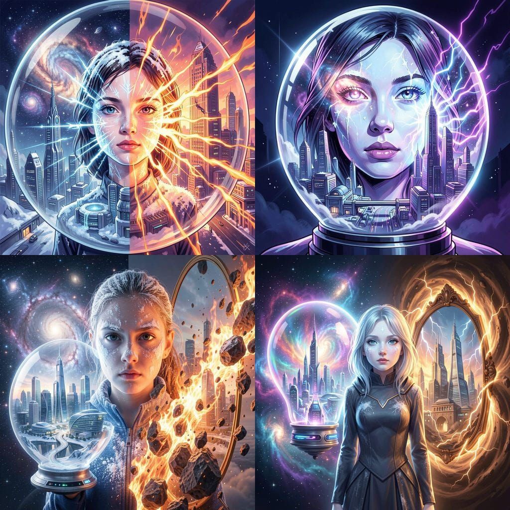 Girl with Elemental and Cosmic Power Over Futuristic Cities