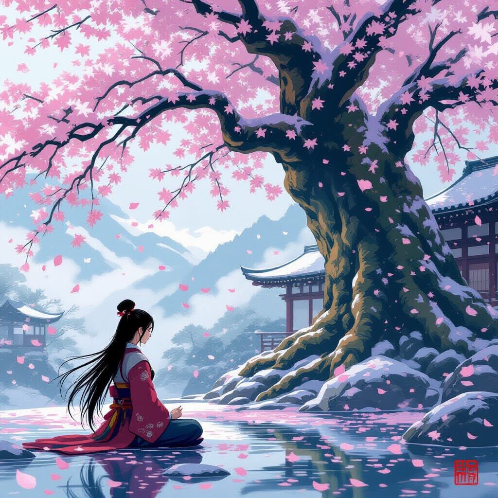 Samurai Warrior Meditating Under Cherry Blossom Tree in Snow