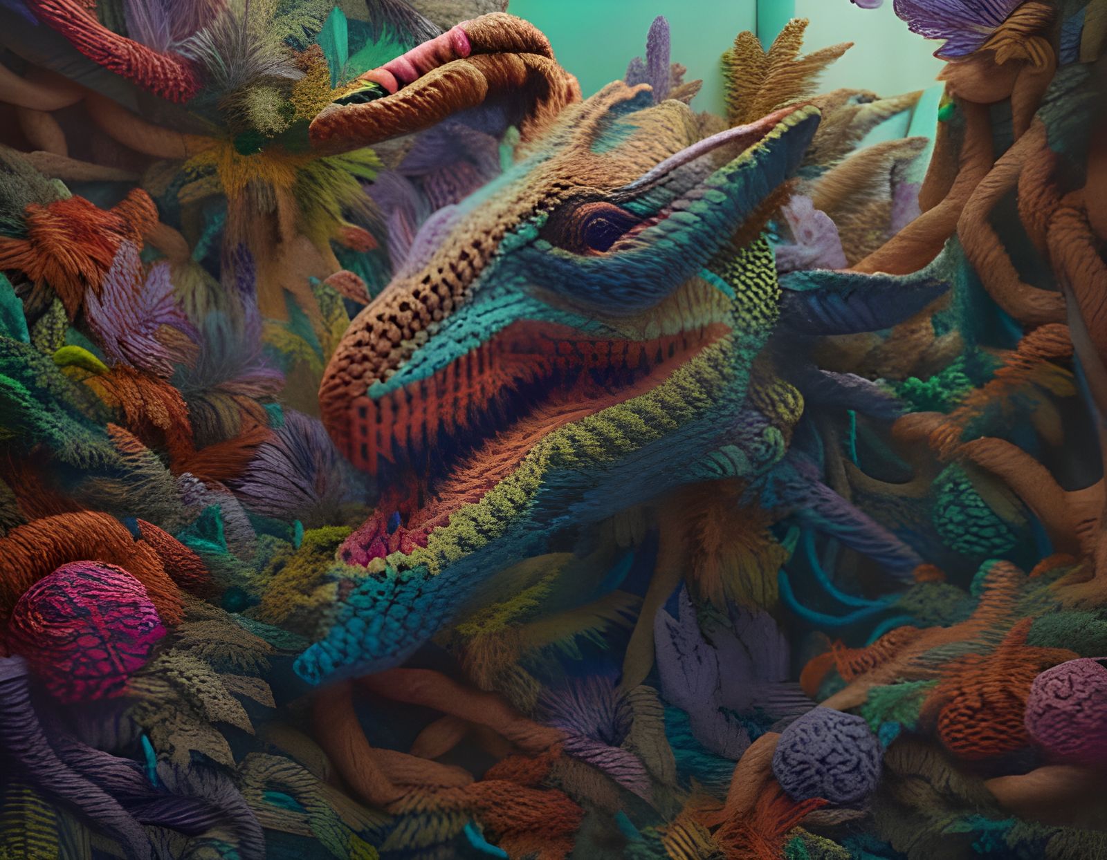 Crocheted Man Eating Plant in a Jungle Terrarium