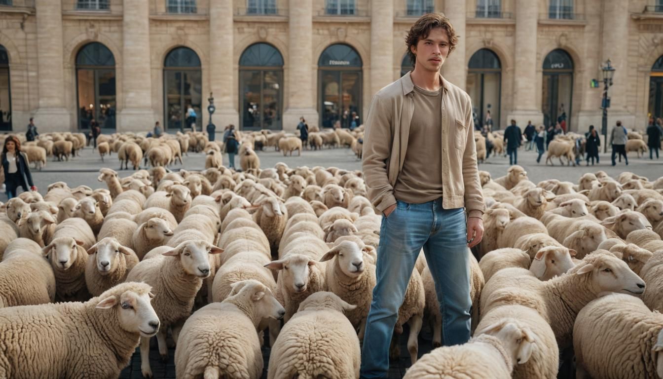 Fashion Model with Sheep in Paris, Anime Style