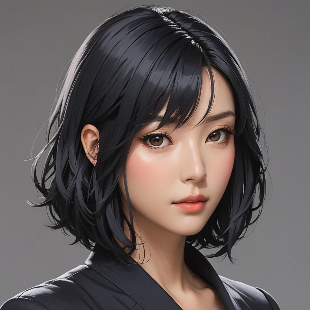 Anime Portrait of Woman with Bluish Black Hair