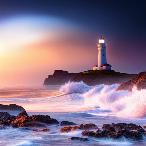 Vibrant Lighthouse Scene with Breaking Waves