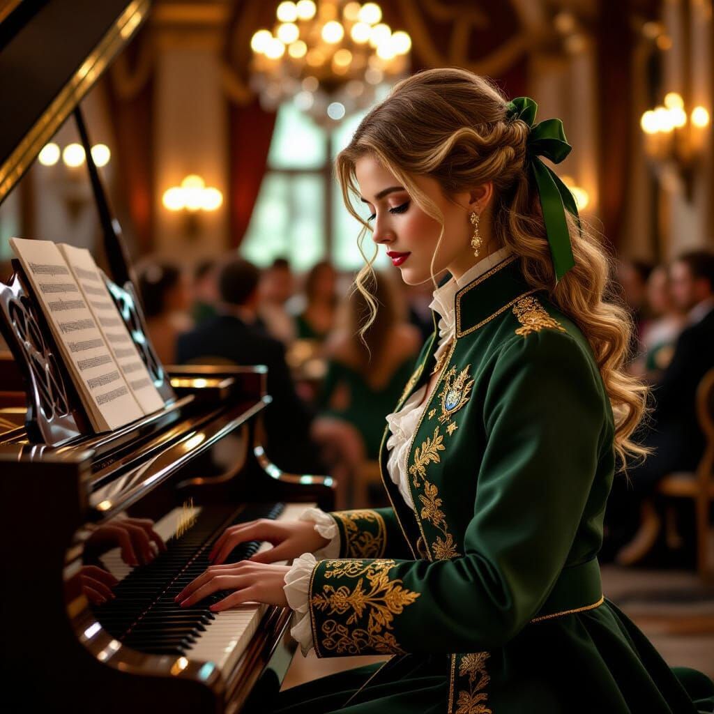 Woman Plays Piano in Fantasy Ballroom, Art Nouveau Style