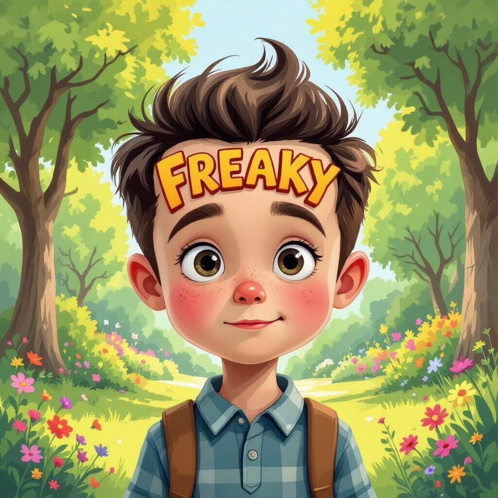 Boy With 'Freaky' Inscribed On Forehead in Whimsical Style