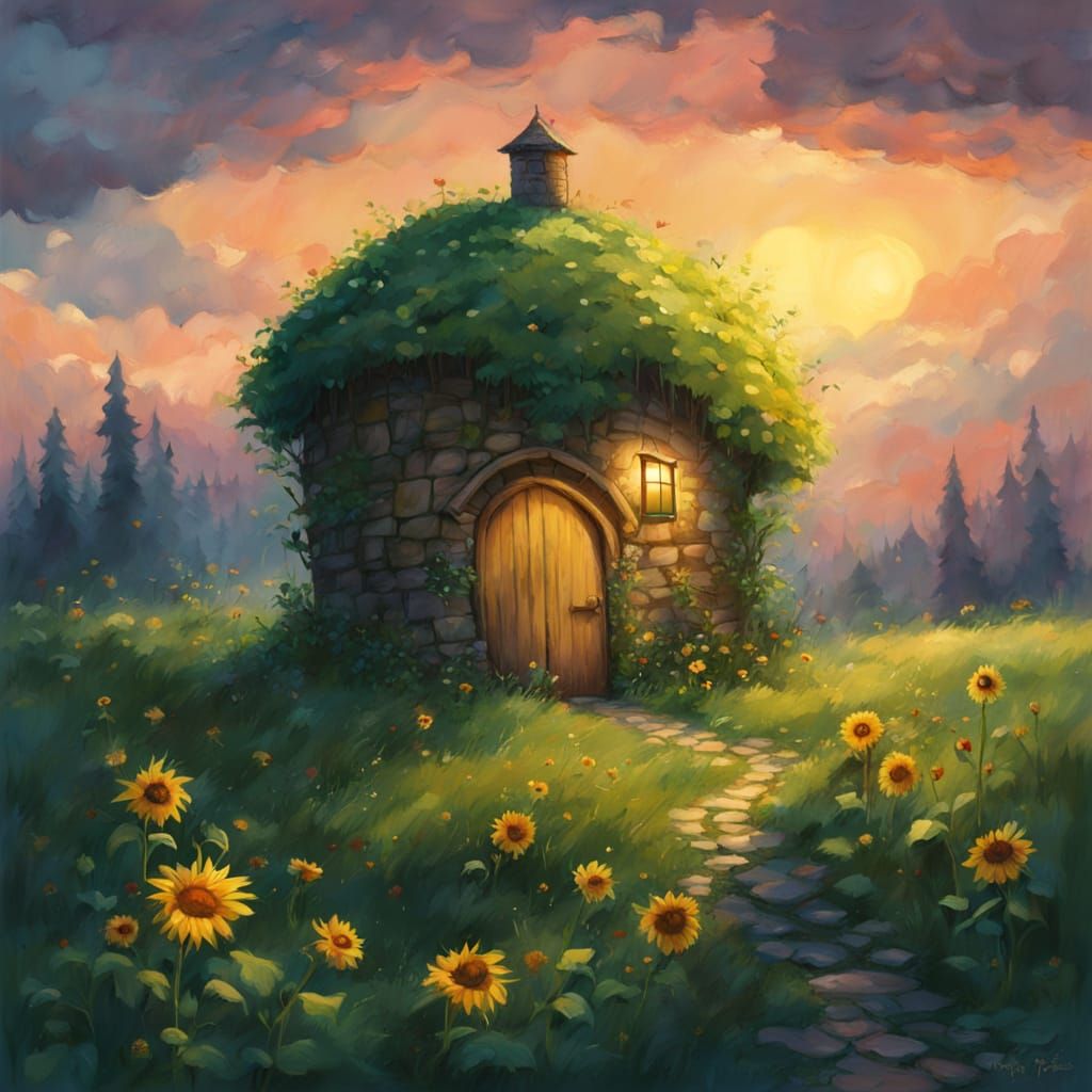 Whimsical Round House with Giant Sunflower Roof in a Lush Me...