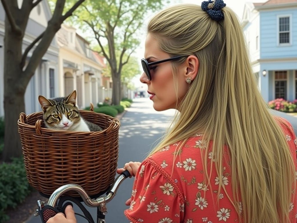 Lady with Cat on Bicycle: Hyperrealistic Americana