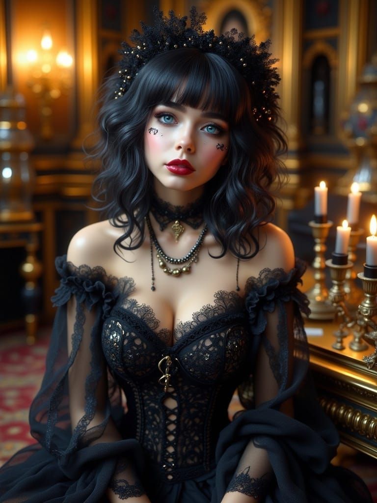 Gothic Girl Reigns in Luxurious Black Baroque Chamber