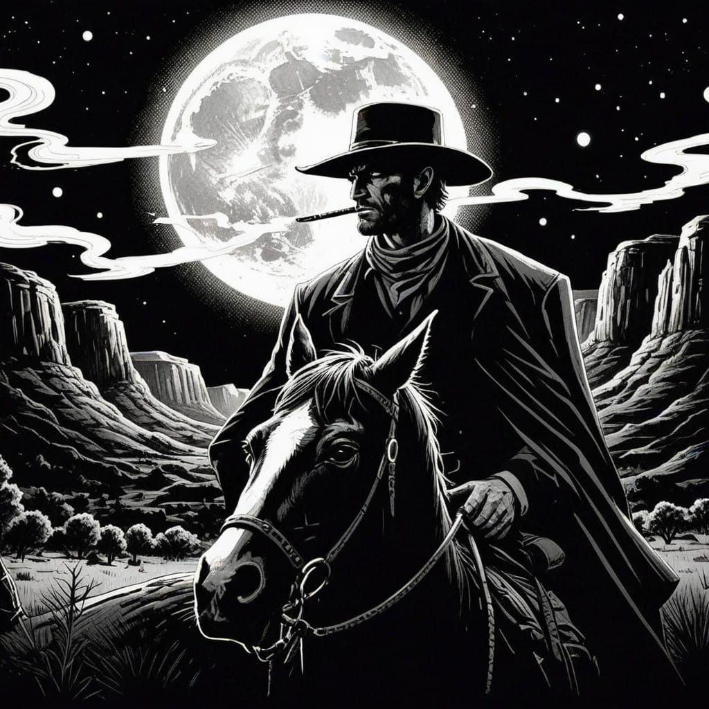 Neo-Noir Cowboy Rides Under Full Moon