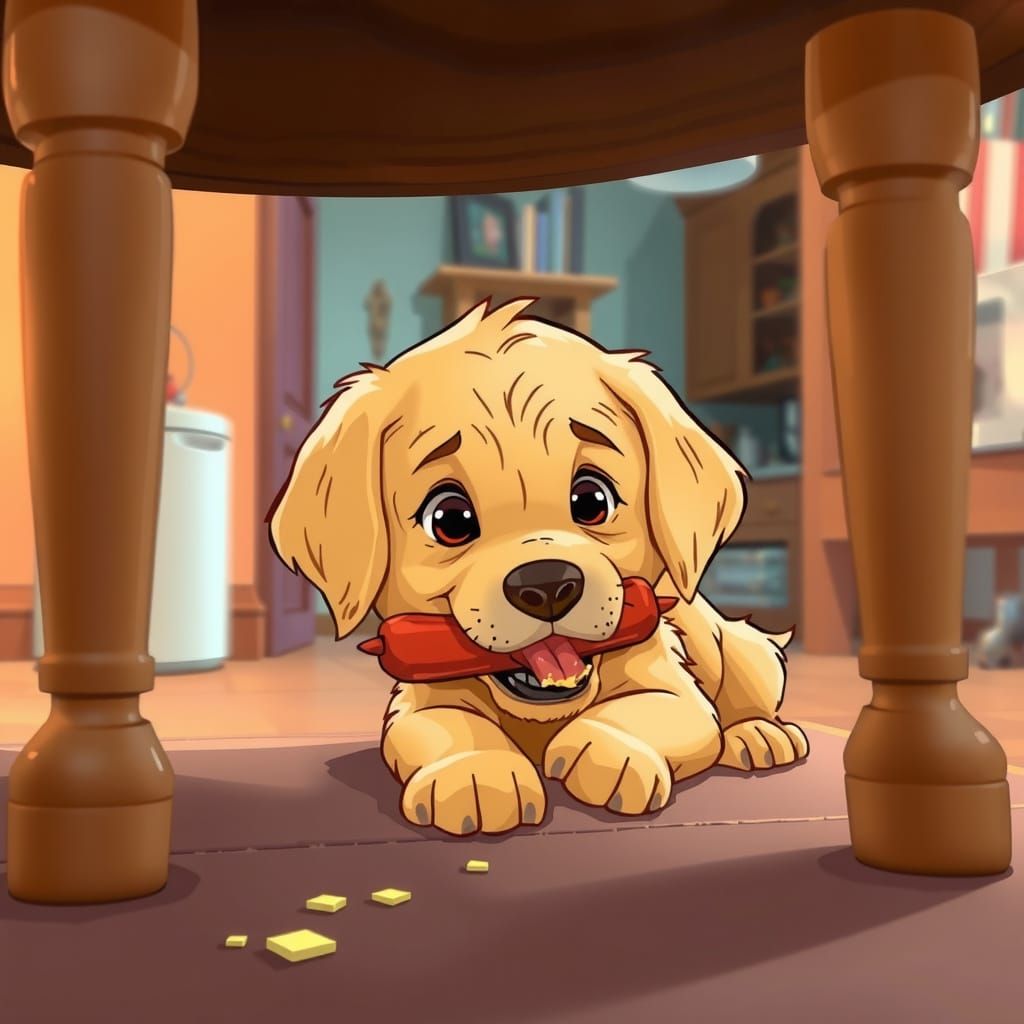 Golden Lab Puppy Caught Sneaking Hot Dog Under Kitchen Table