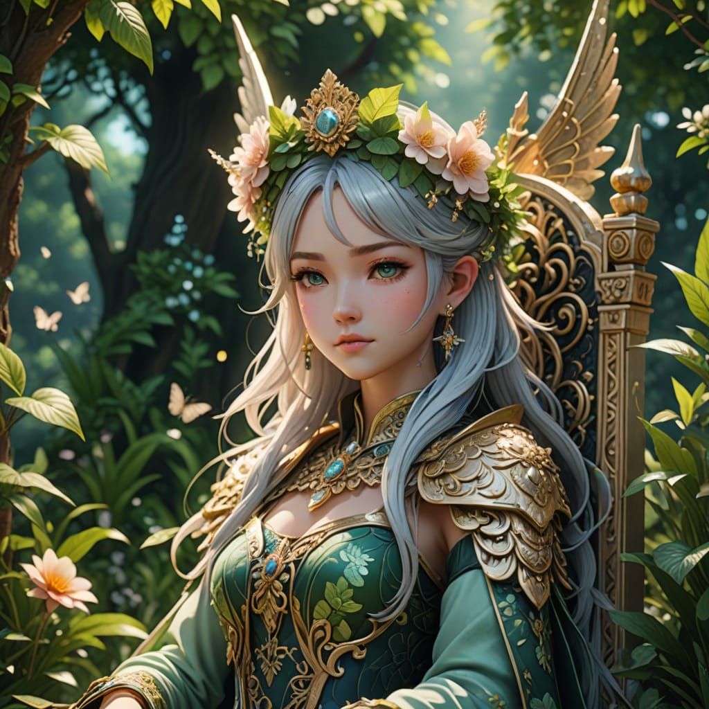 Whimsical Anime Fairy Queen in Lush Greenery