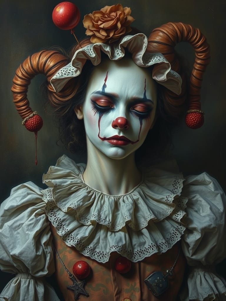 Sorrowful Clown Portrait in Symbolist Fantasy Style