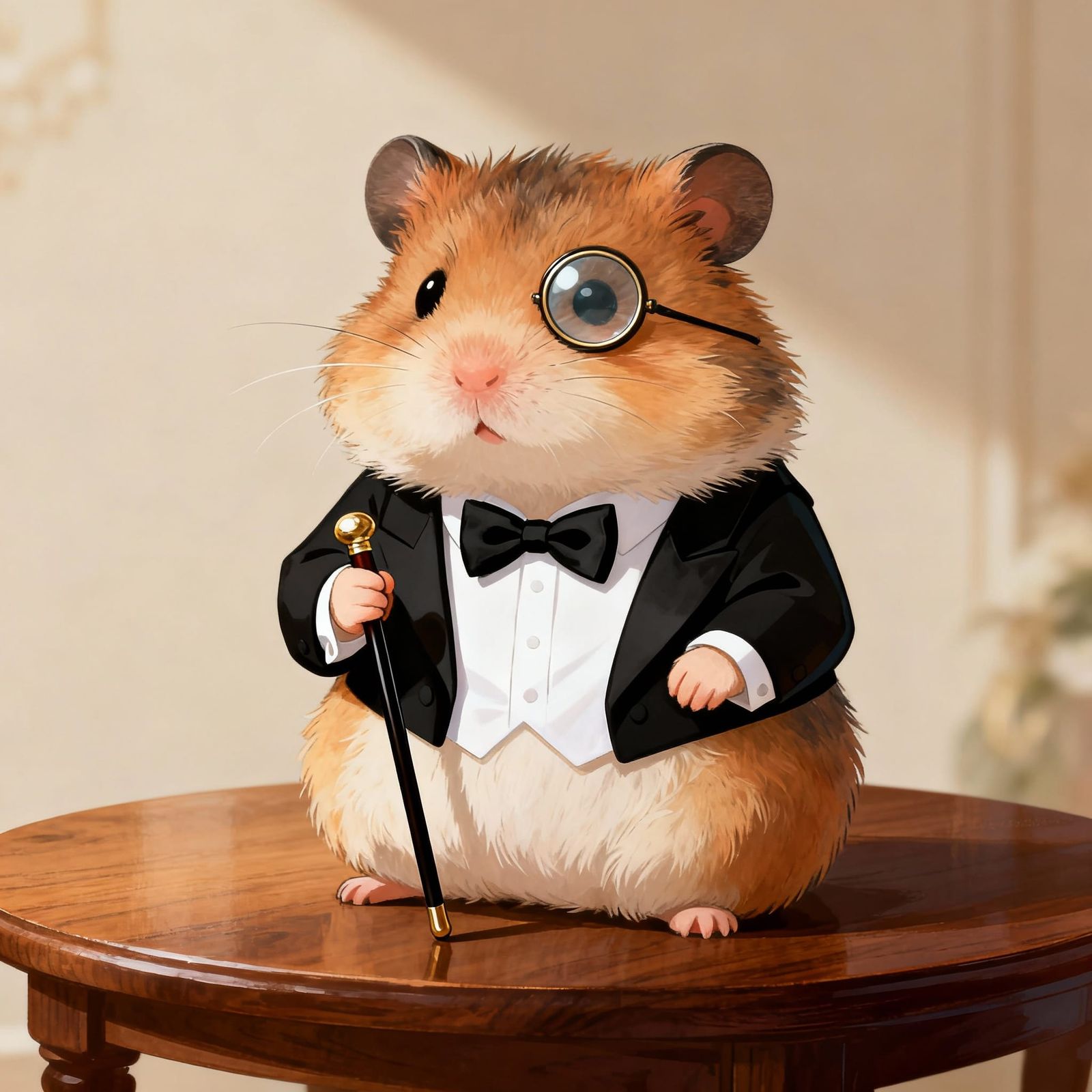 Dapper Hamster in Tuxedo with Monocle and Cane