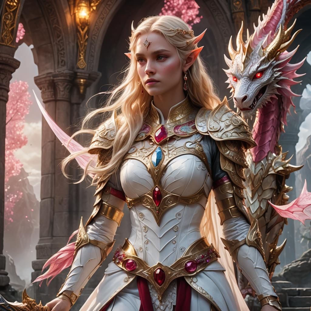 Elf Goddess and Moon Dragon in Mystical Temple