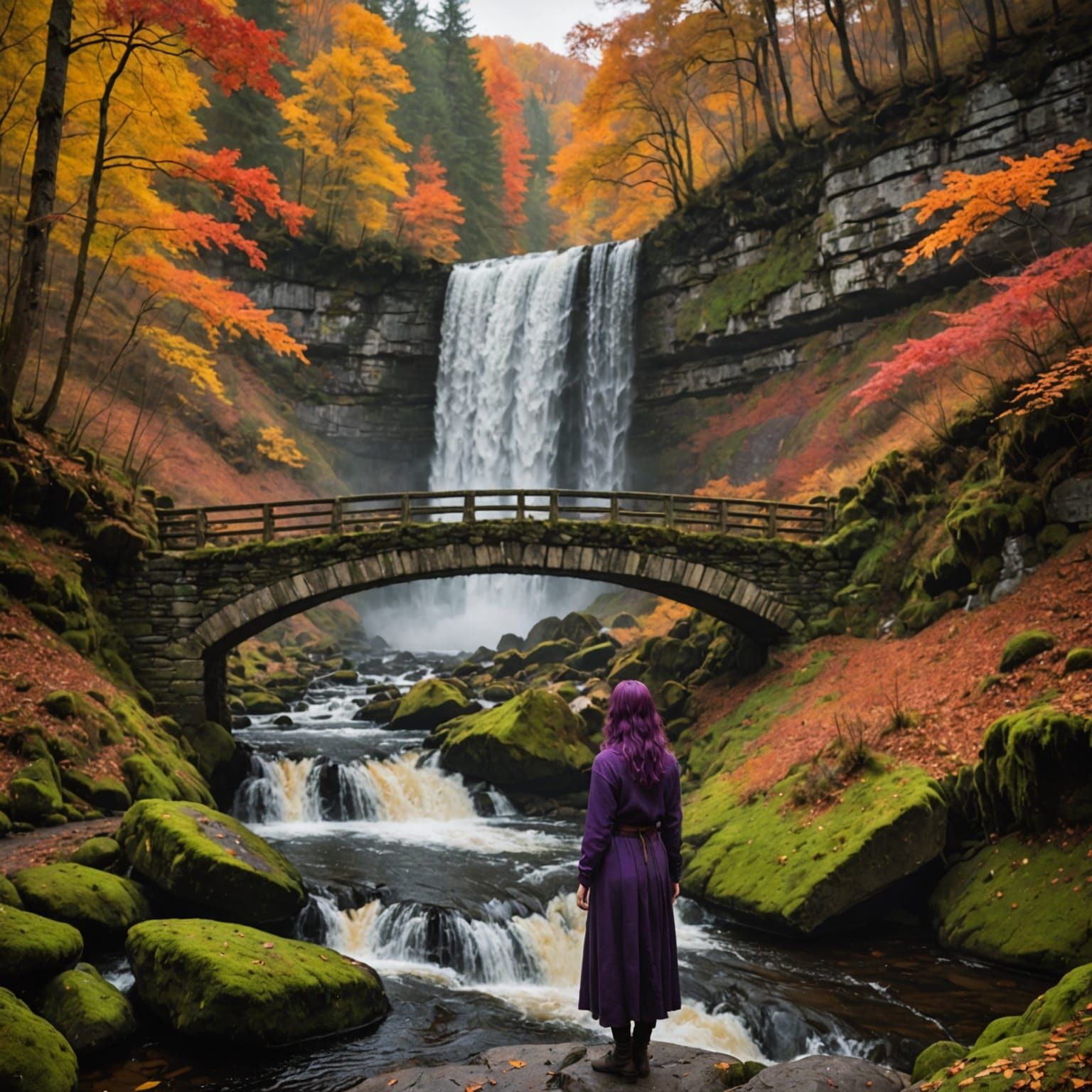 Mystical Autumn Waterfall Scene with Woman on Bridge