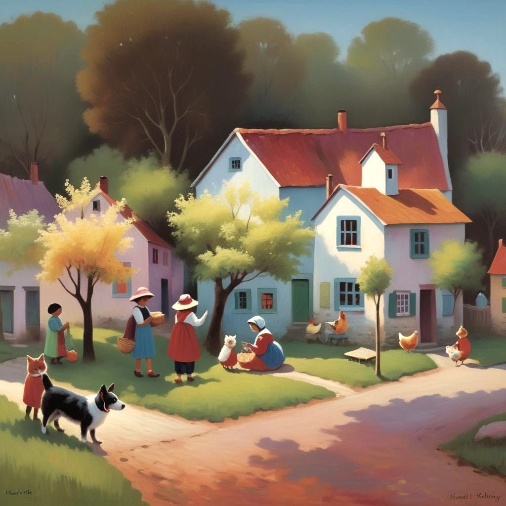 Naive Folk Art: Children Playing in Village