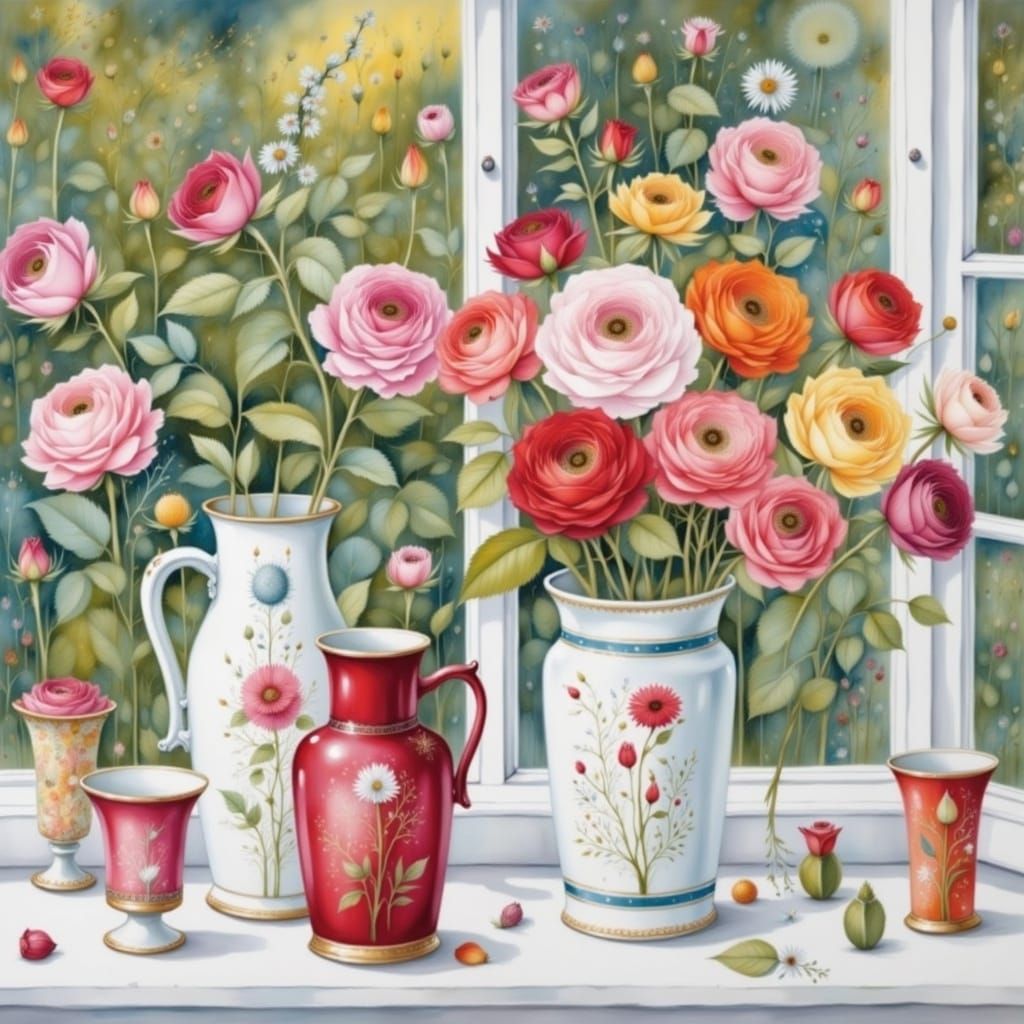 Vintage Roses in Delicate Vases at Sunset