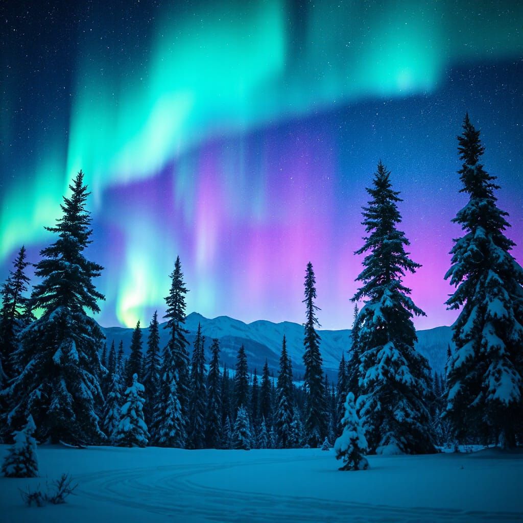 Aurora Borealis Dances Across Snowy Forest in Classic Landsc...