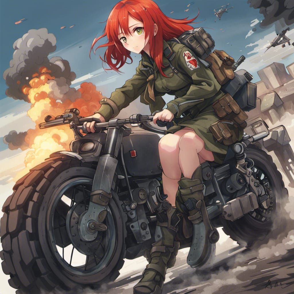 Anime Girl in Combat with Tank and Motorbike