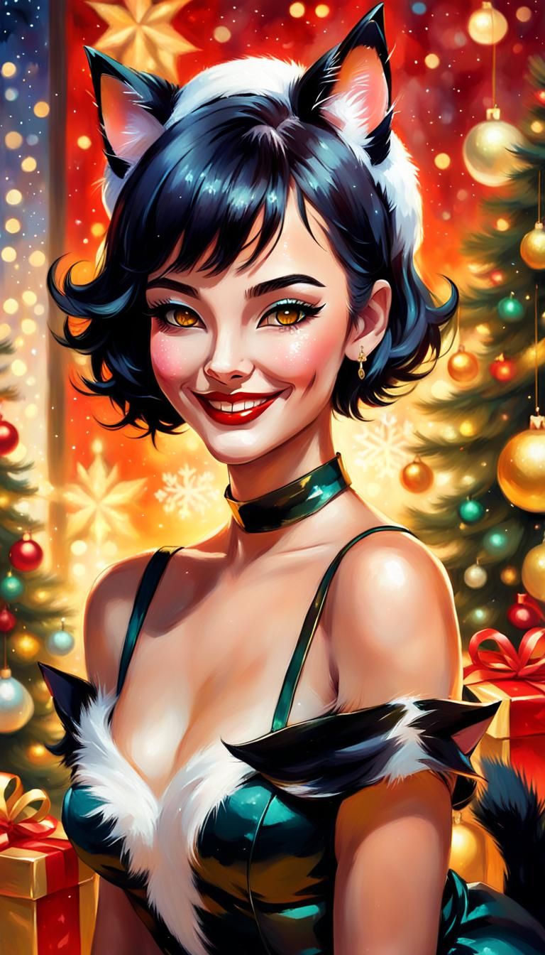 Festive Neko Girl in Oil Painting Style