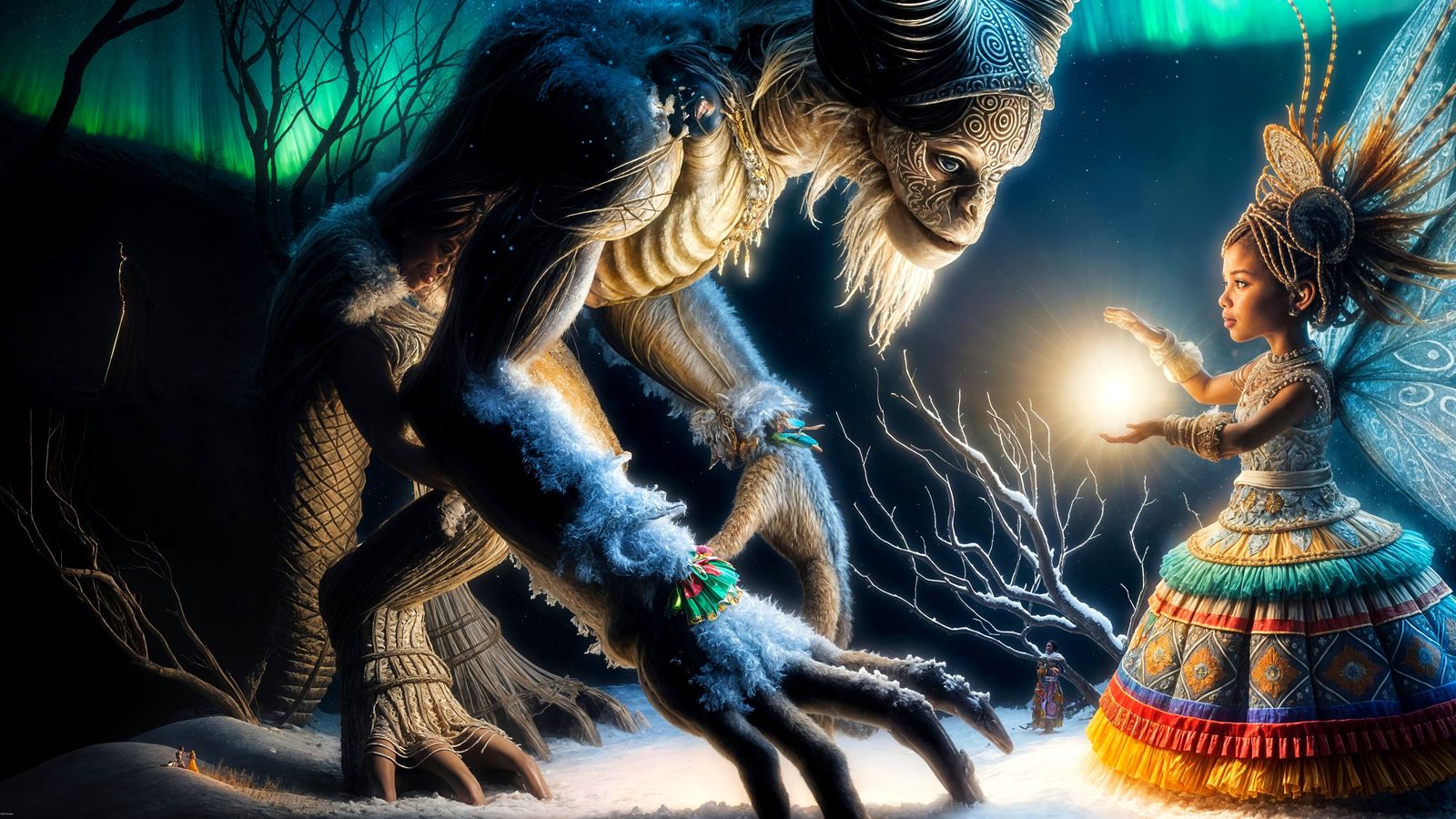 Colorful Khoe-San Armor in Chiaroscuro Lighting