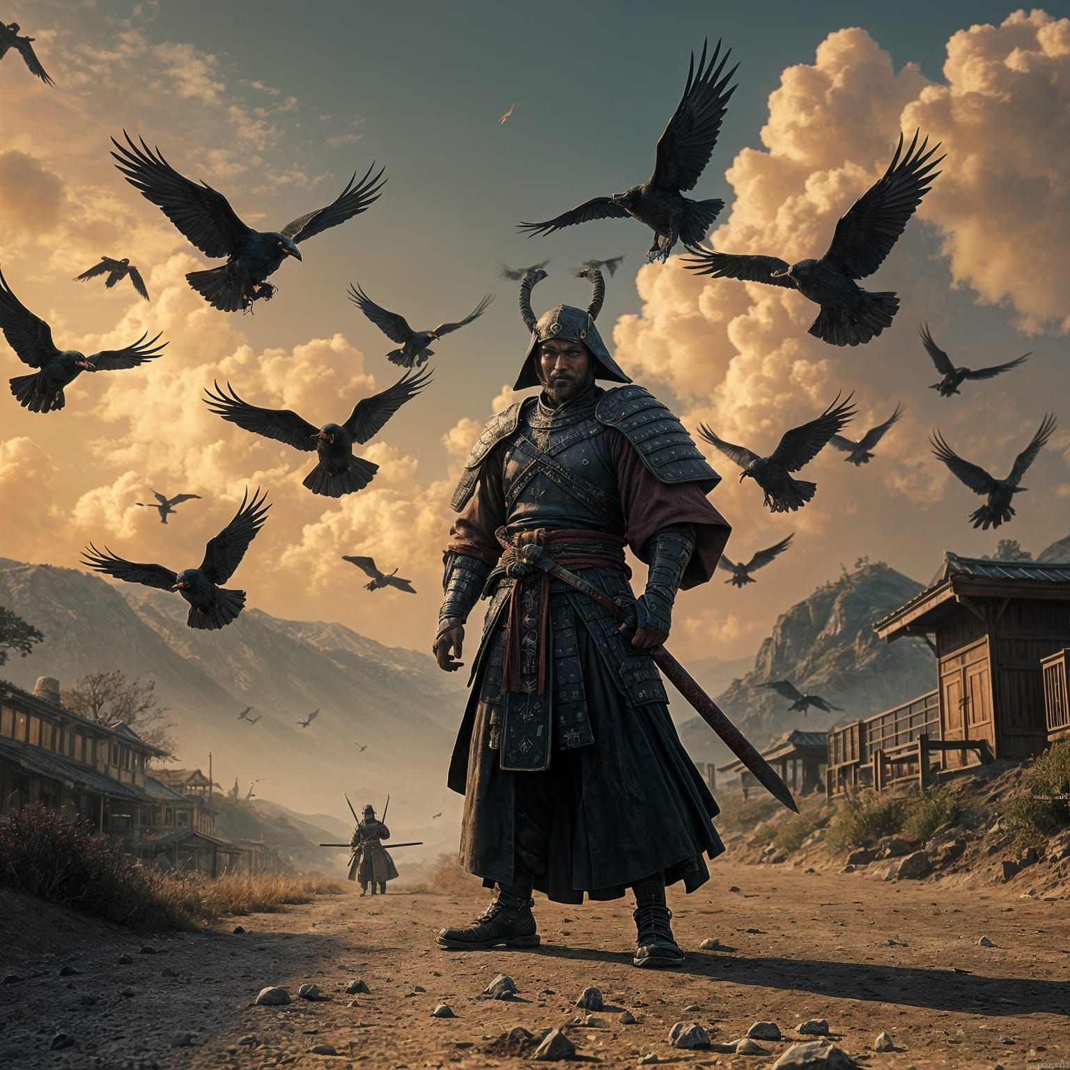 Samurai Warrior Surrounded by Crows in a Dirt Road Landscape