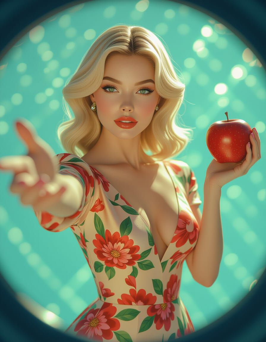 Surreal Woman in Silk Dress Offers Red Apple, Fisheye View