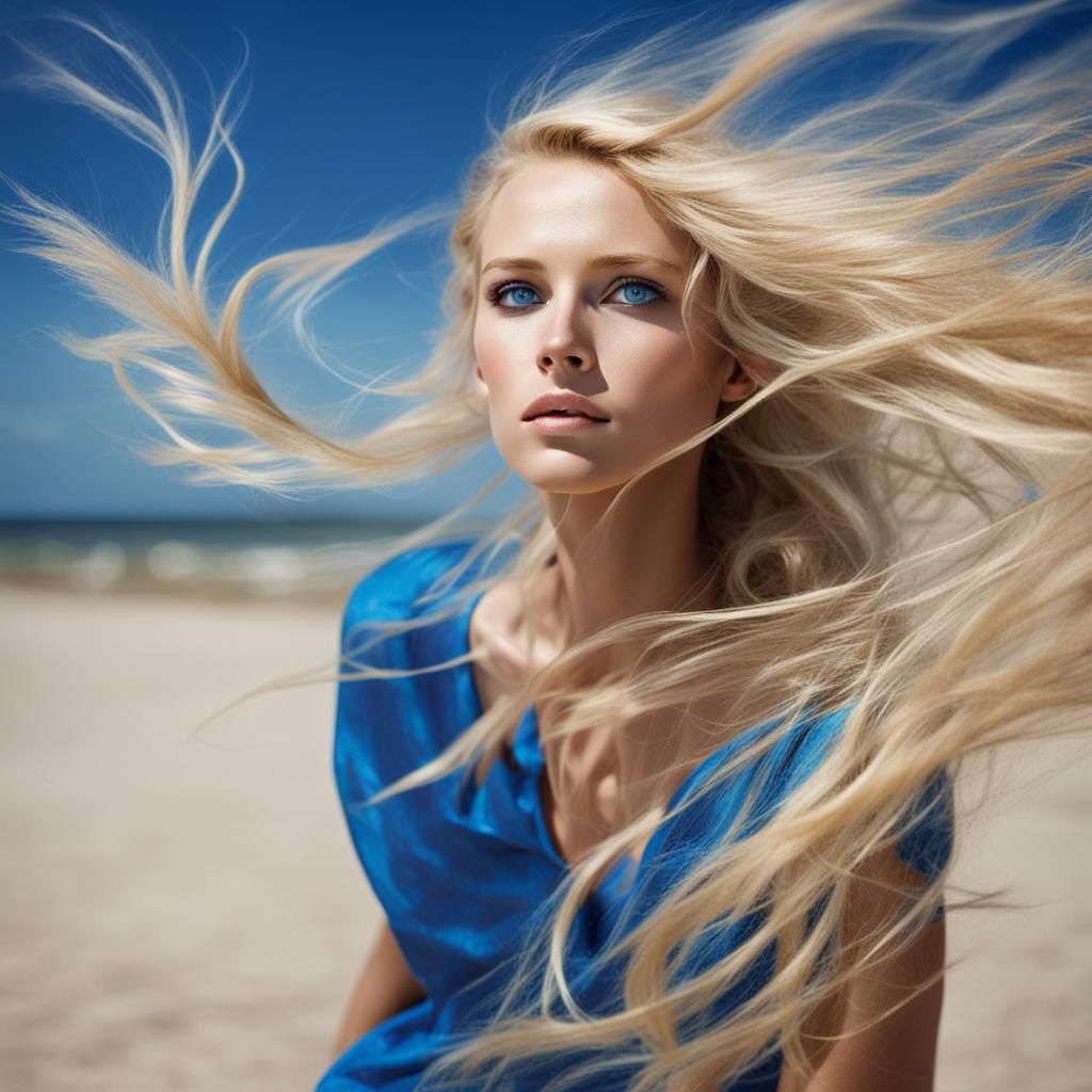 Sensual Blonde Woman on Beach with Windblown Hair