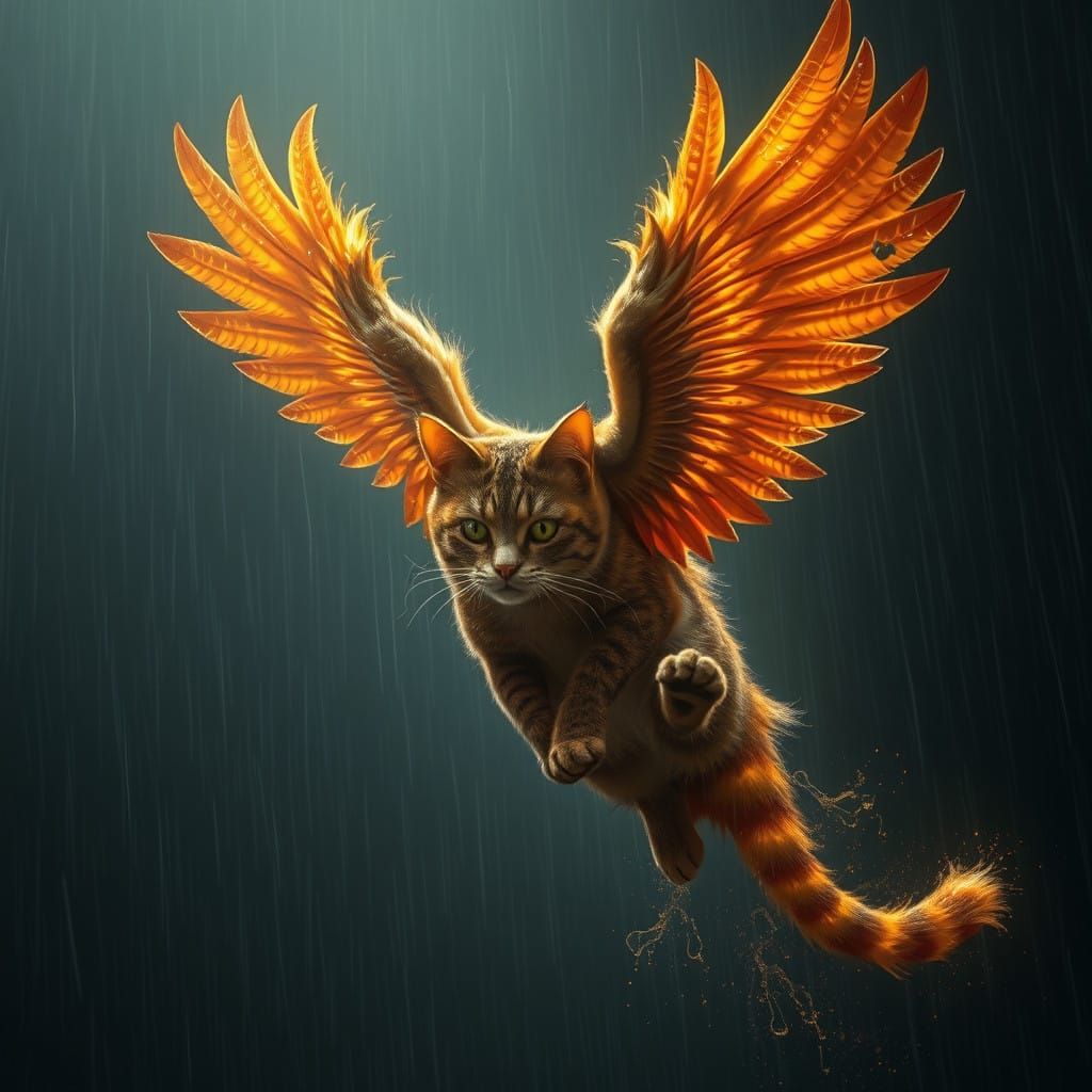 Majestic Feline Angel Soars Through Stormy Skies