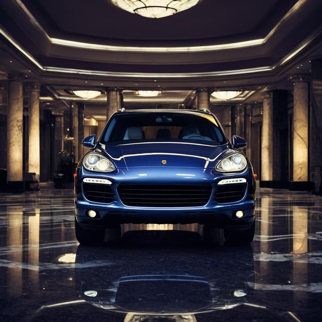 Porsche Cayenne in Grand Hotel Lobby at Night
