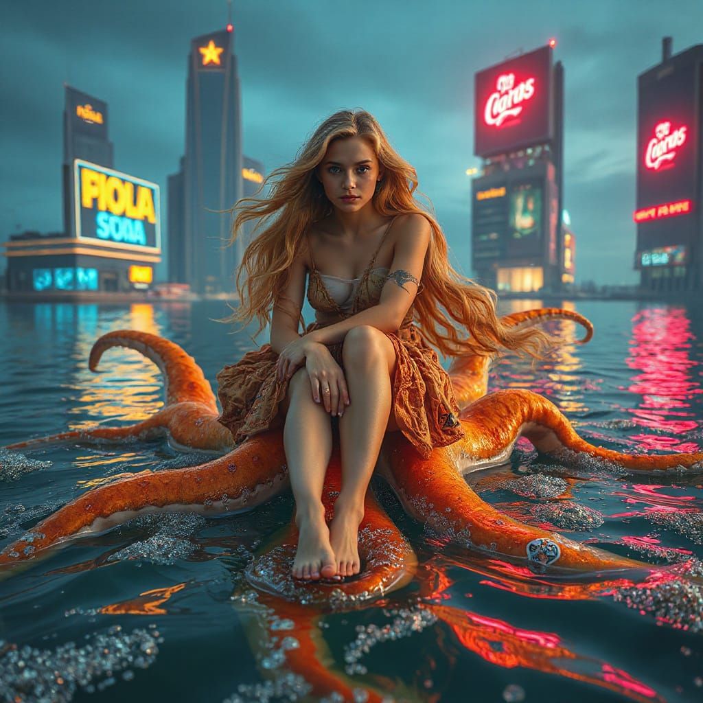 Luminous Woman on Iridescent Squid in Surreal Cityscape