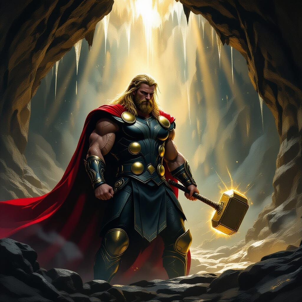 Thor's Approval in a Dim Cavern, Epic Fantasy Art