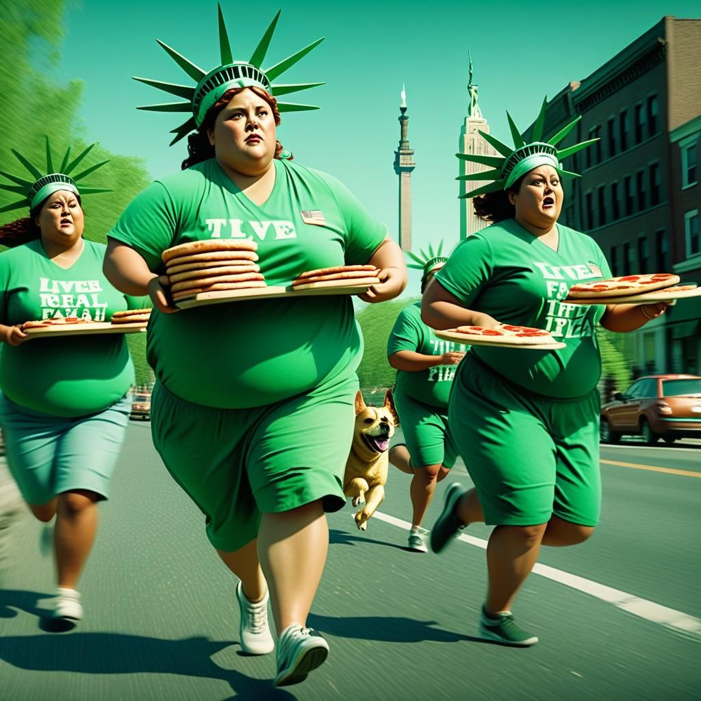 Seven Green Liberty Women Run with Pizzas