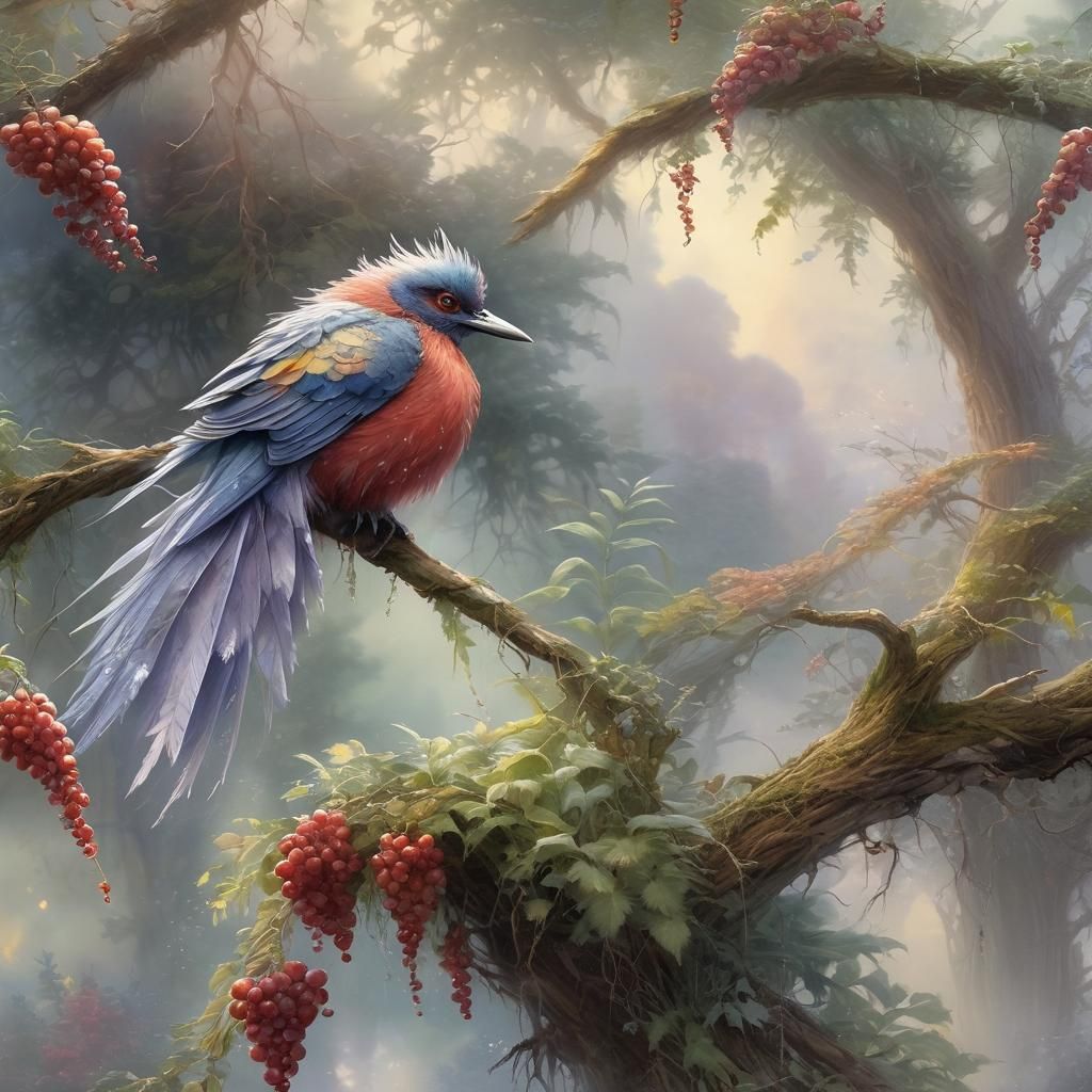 Colorful Bird Soaring Through Misty Forest in Watercolor