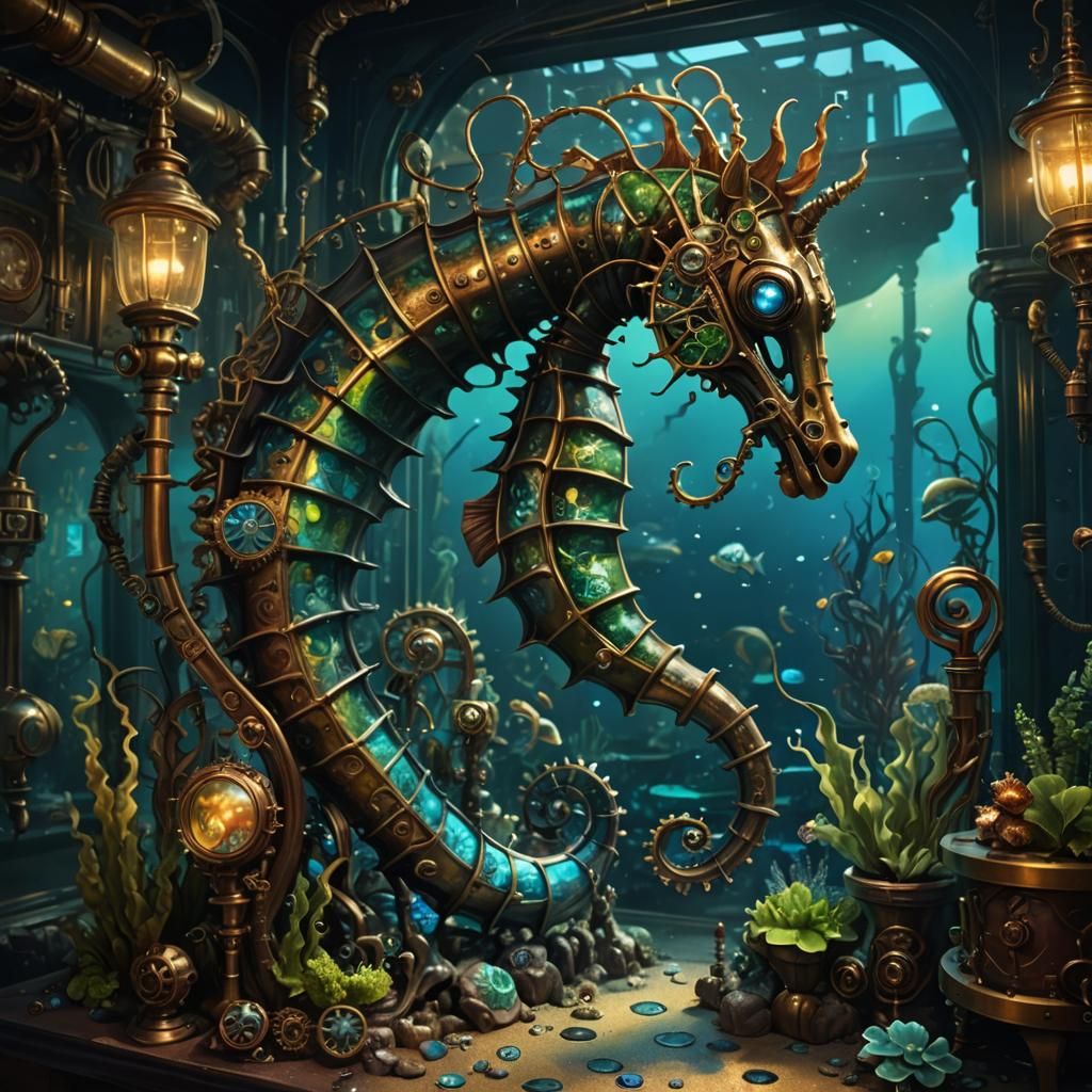Steampunk Seahorse Aquarium with Alien Fauna