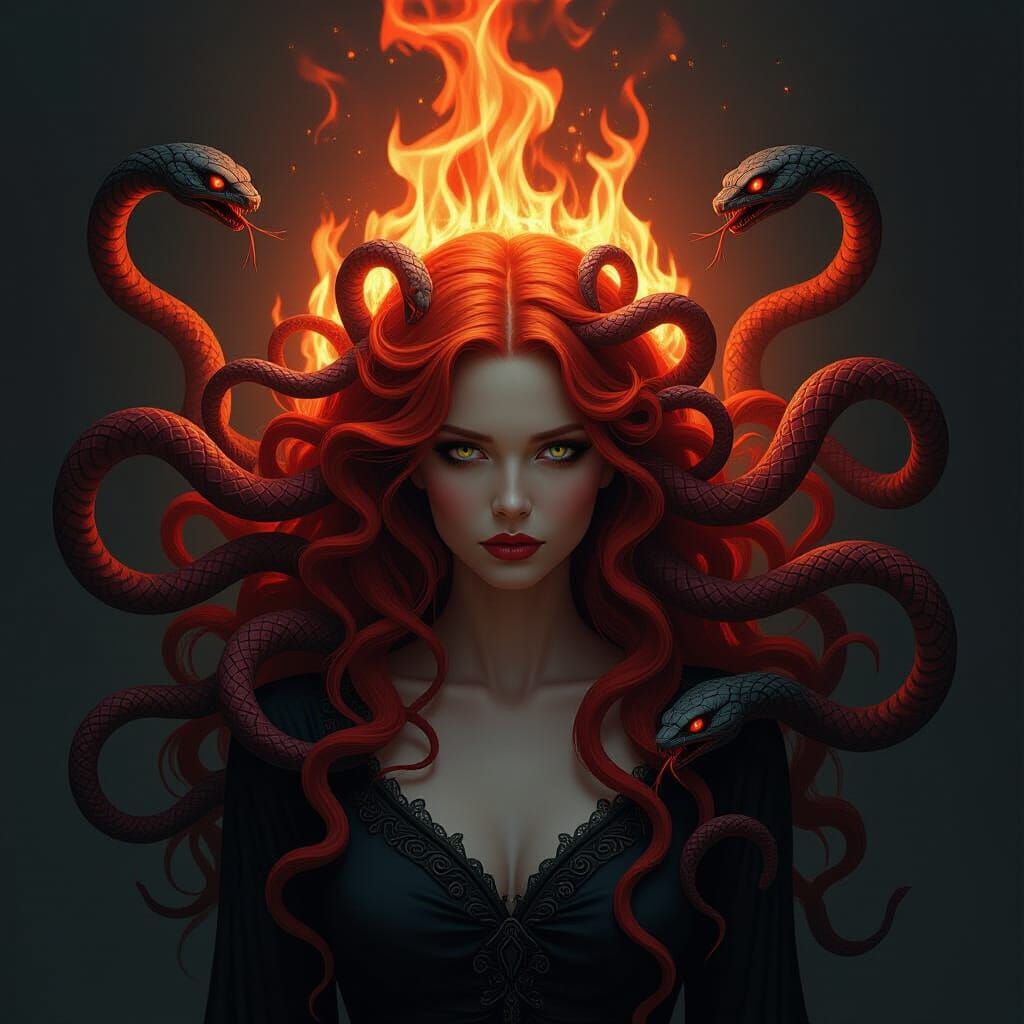Fiery Medusa with Demonic Snakes in Mystical Style