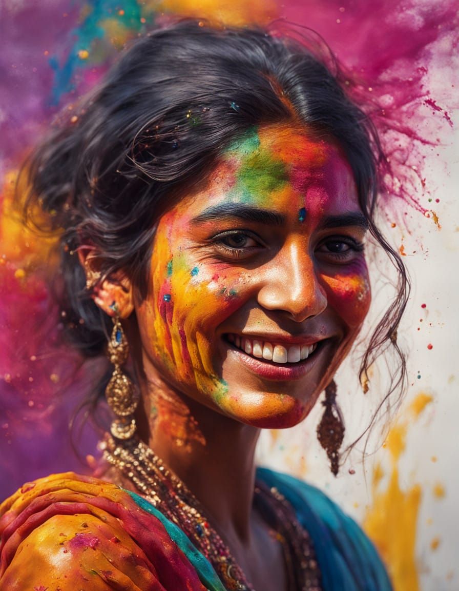 Vibrant Holi Celebration Portrait in Hyperrealistic Style