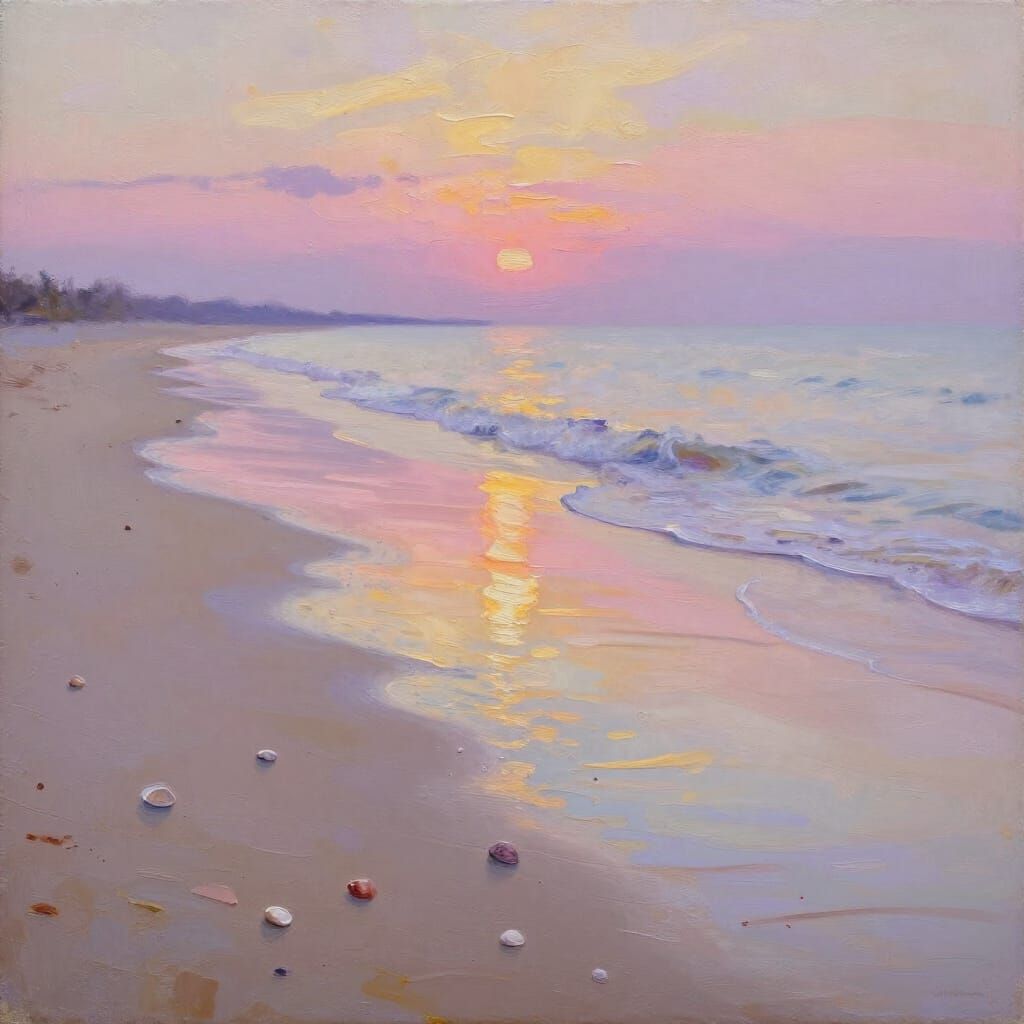 Tranquil Beach Sunset Oil Painting with Impasto Texture