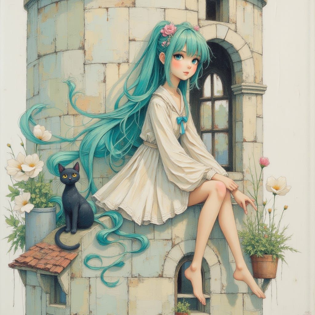 Anime Princess with Teal Hair and Black Cat