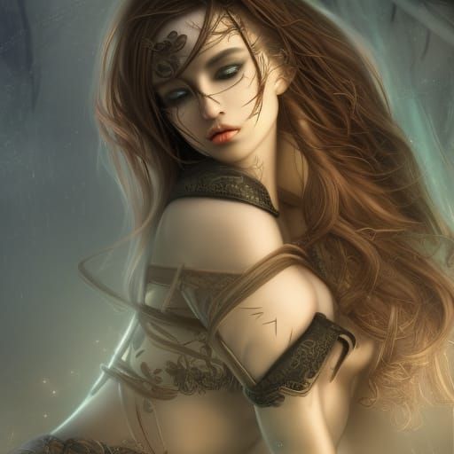 Tattooed Woman in Fractal Dress: Hyperrealistic Portrait