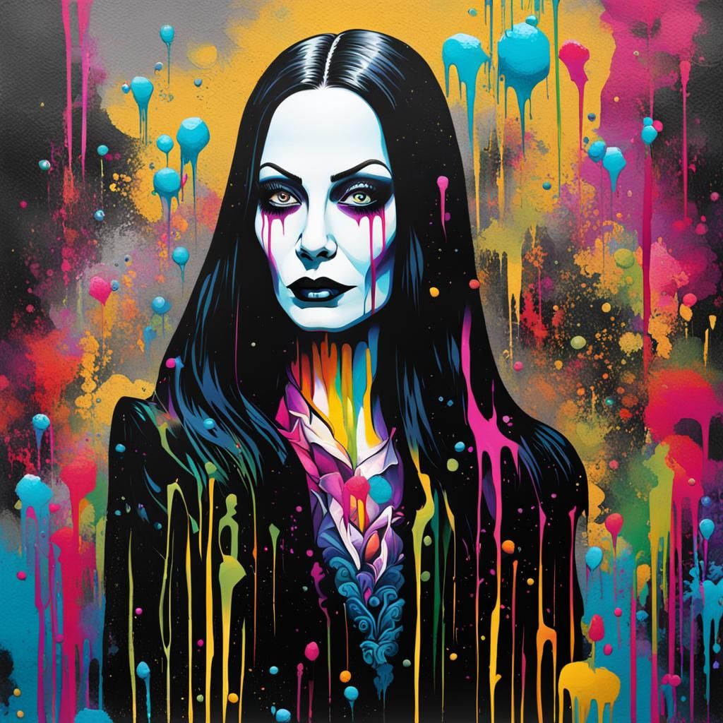 Morticia Addams as Colorful Graffiti Street Art