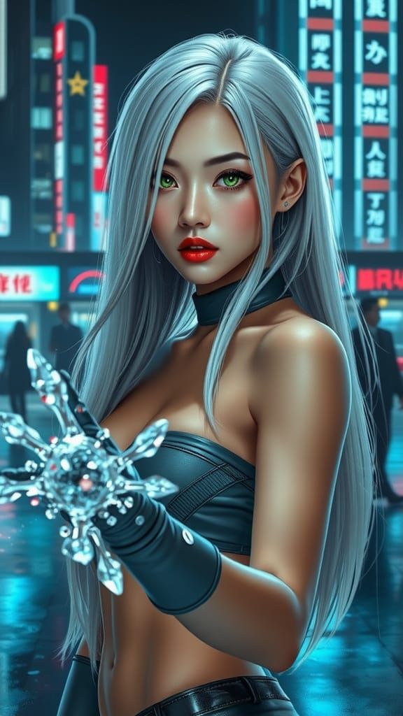 Cyberpunk Woman with Heterochromia Freezes Water