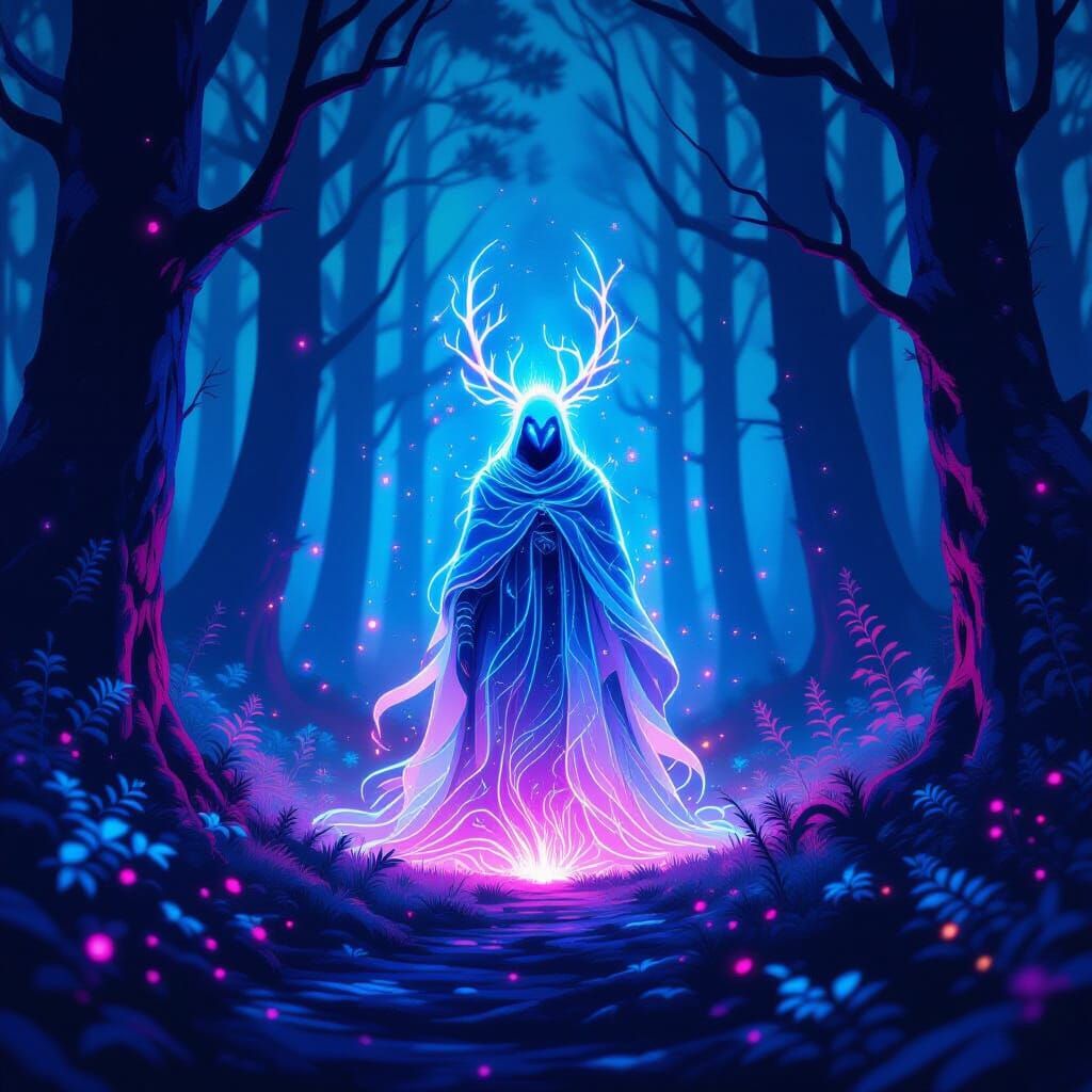 Bioluminescent Being in Mystical Forest with Ethereal Glow