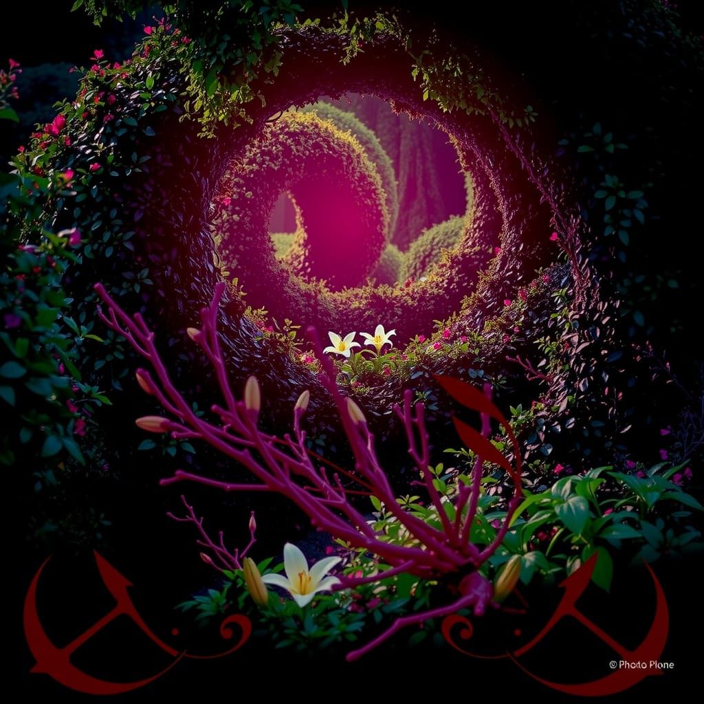 Overgrown Garden Path Maze with Lilies in Photorealistic Sty...