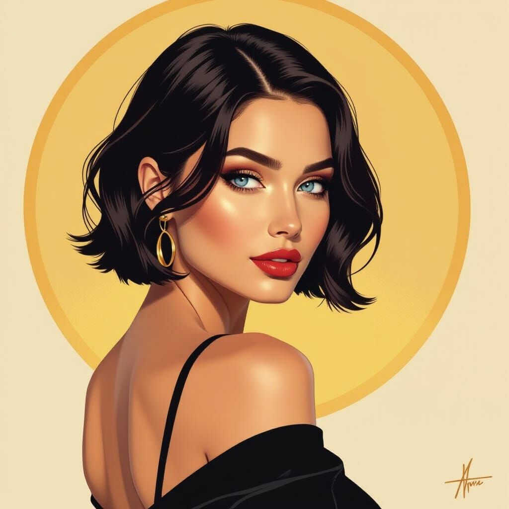 Elegant Woman with Geometric Bob in Art Nouveau Style