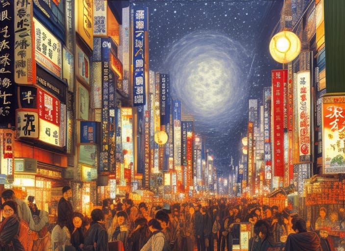 Moonlit Japanese City: Hyperdetailed Oil Painting