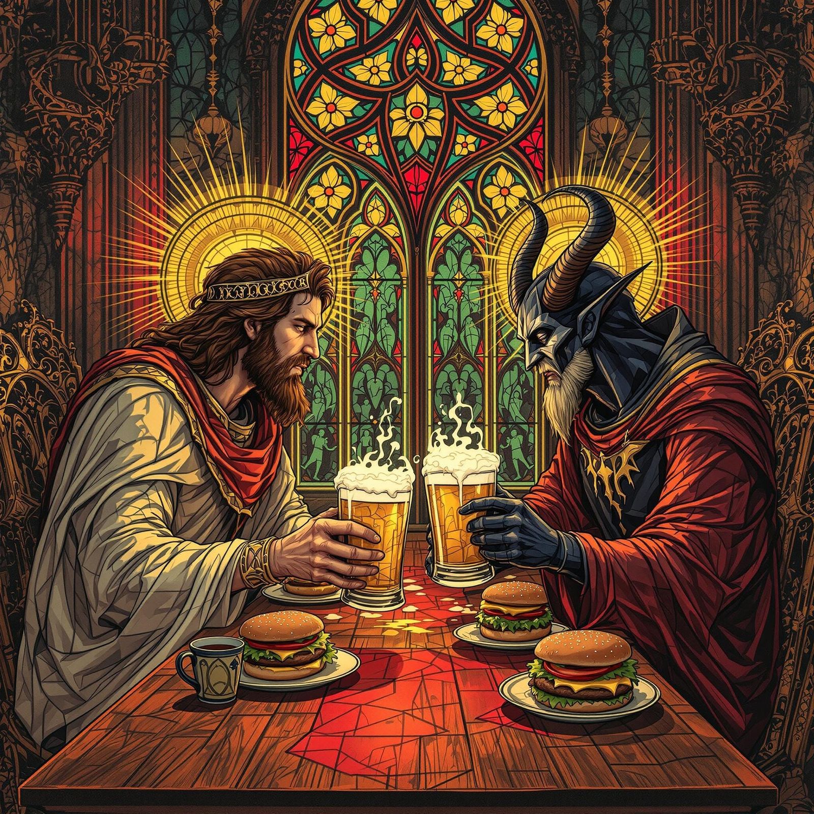 God and Satan Share Beers, Stained Glass Art