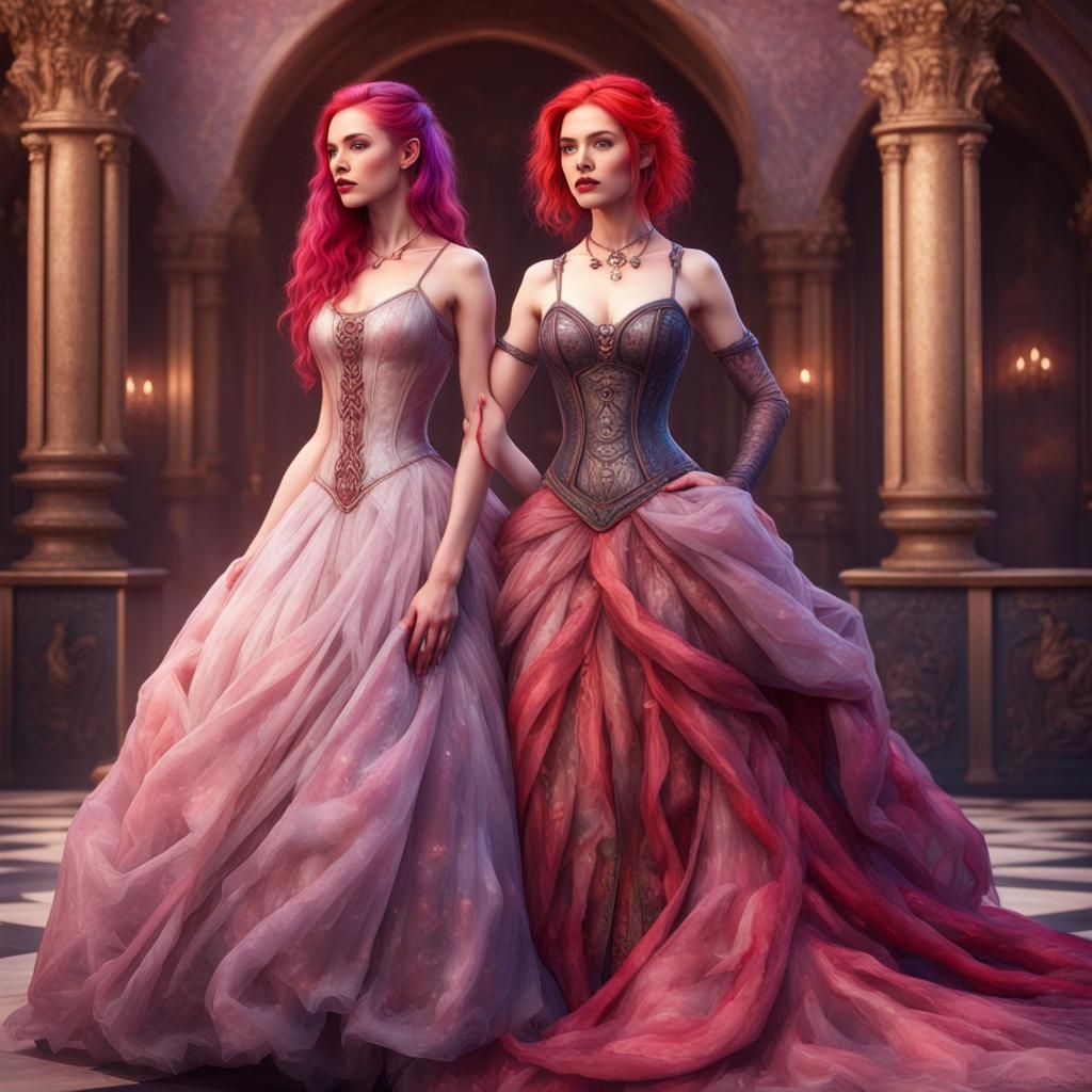 Two Women in Ballgowns at a Ball in Watercolor Style